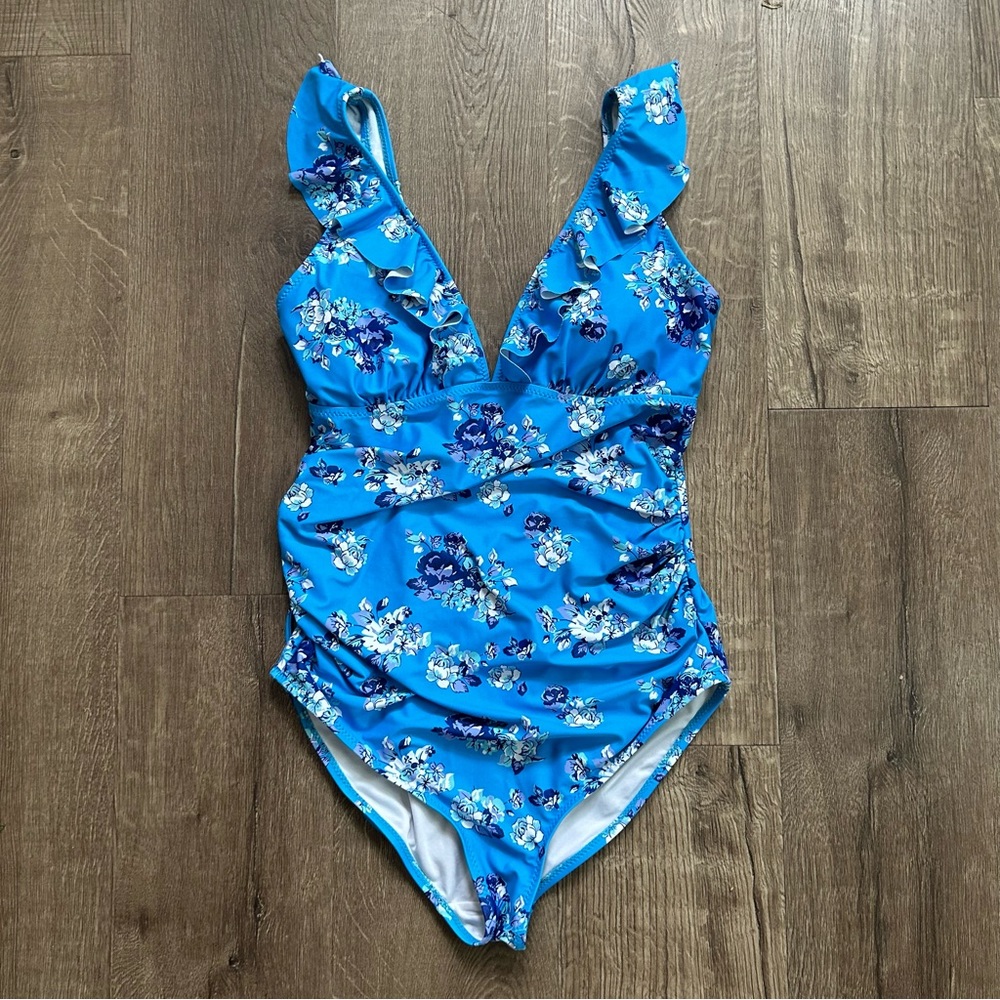 Summer Mae Blue Floral Ruffle V Neck Maternity Bathing Suit M